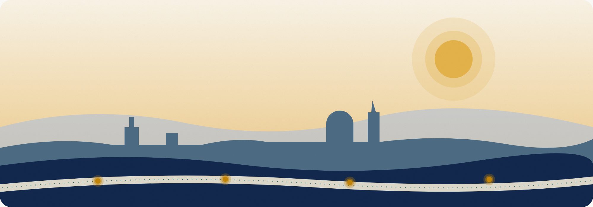 Illustration of a cultural landscape: a route connects a historic town, a monument, and surrounding hills, with glowing waypoints along the path.